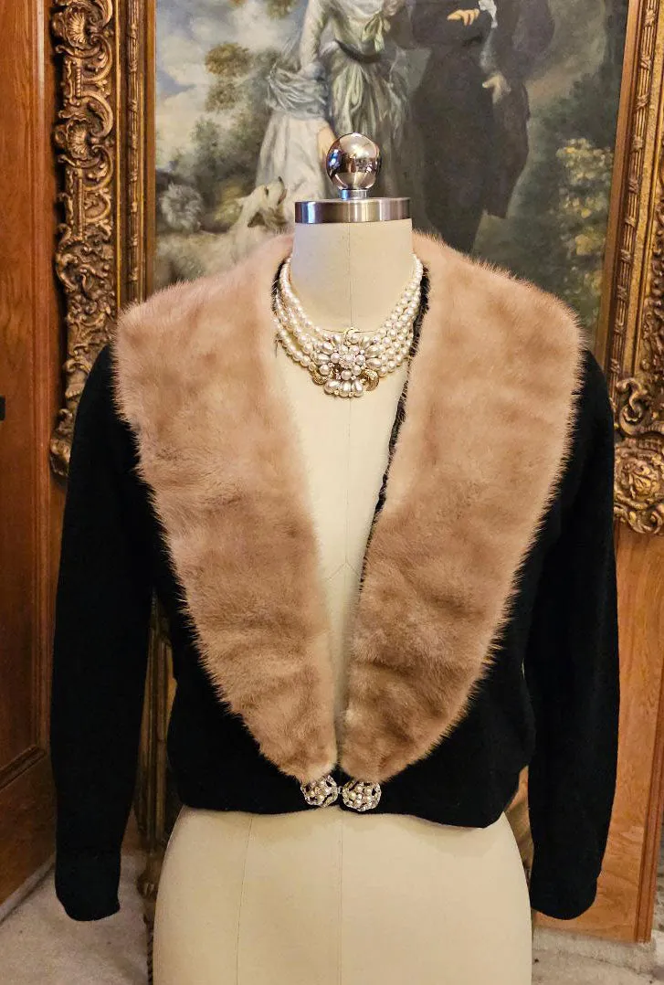 *  VINTAGE STYLED BY KHANDUR CASHMERE AND MINK EVENING SWEATER PEARL AND RHINESTONE METAL CLASP