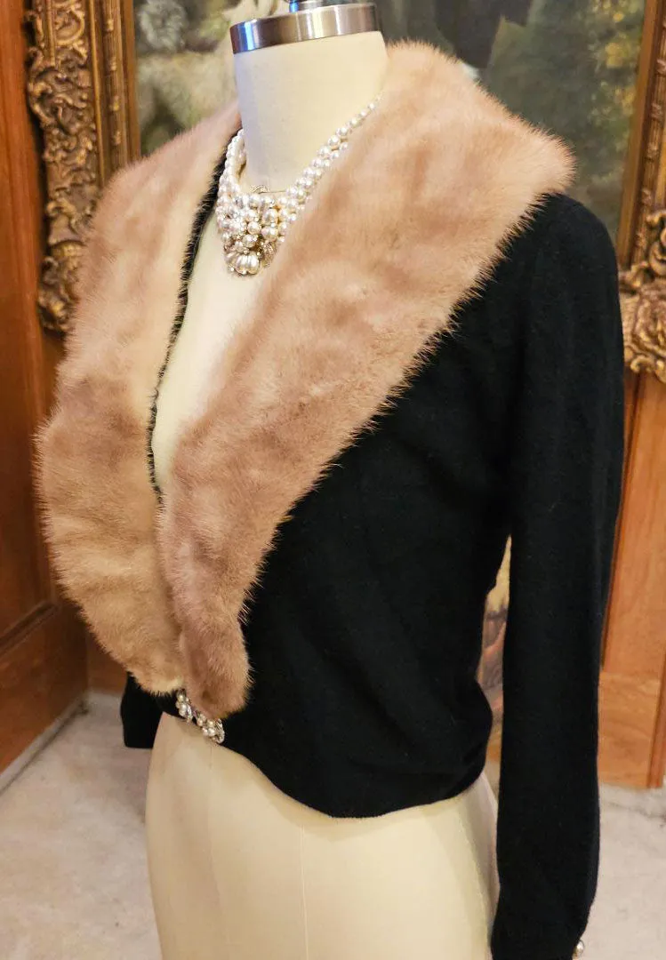 *  VINTAGE STYLED BY KHANDUR CASHMERE AND MINK EVENING SWEATER PEARL AND RHINESTONE METAL CLASP