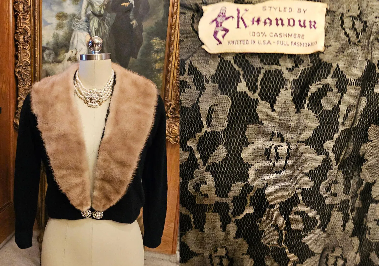 *  VINTAGE STYLED BY KHANDUR CASHMERE AND MINK EVENING SWEATER PEARL AND RHINESTONE METAL CLASP