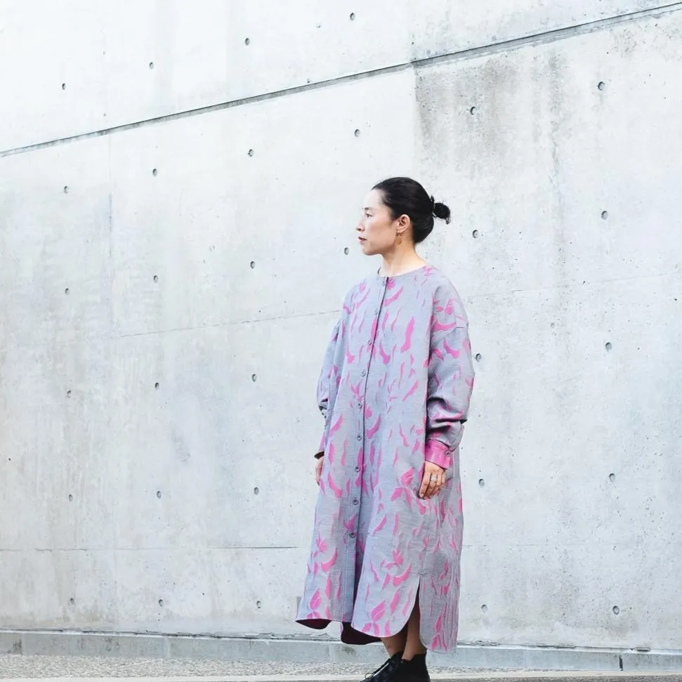 播州織 Wool/Cotton Jacquard Coat Dress / Pink&Grey