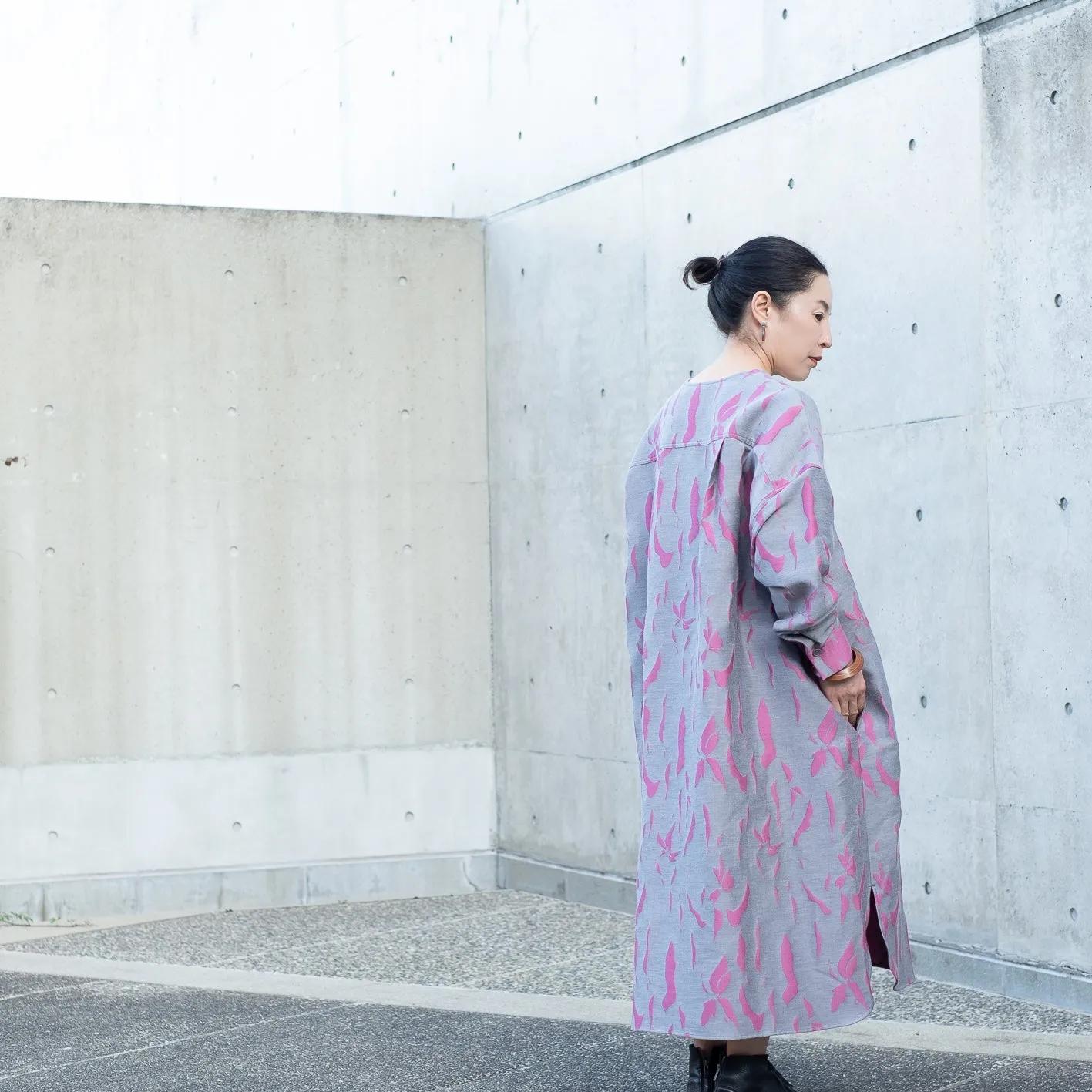 播州織 Wool/Cotton Jacquard Coat Dress / Pink&Grey