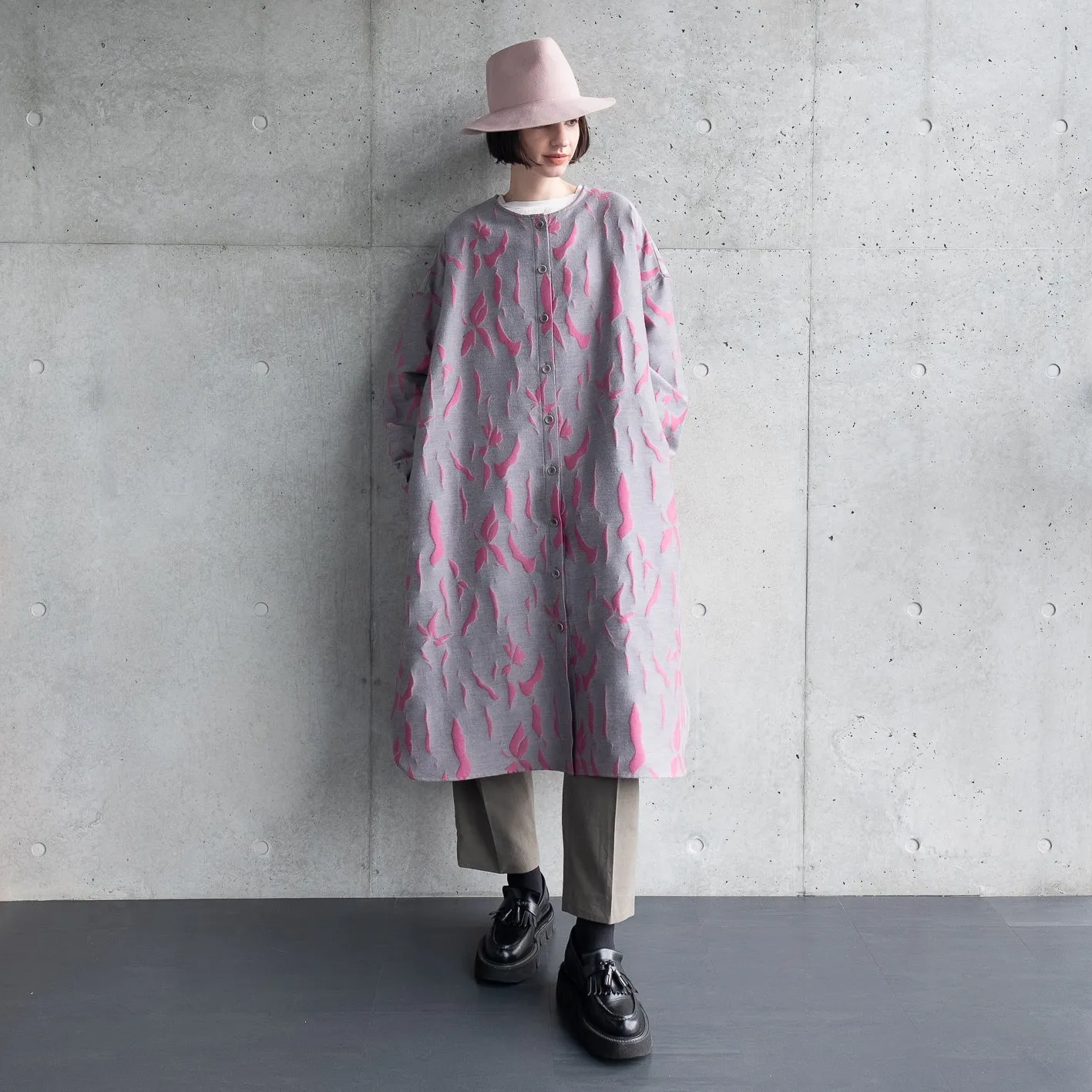 播州織 Wool/Cotton Jacquard Coat Dress / Pink&Grey