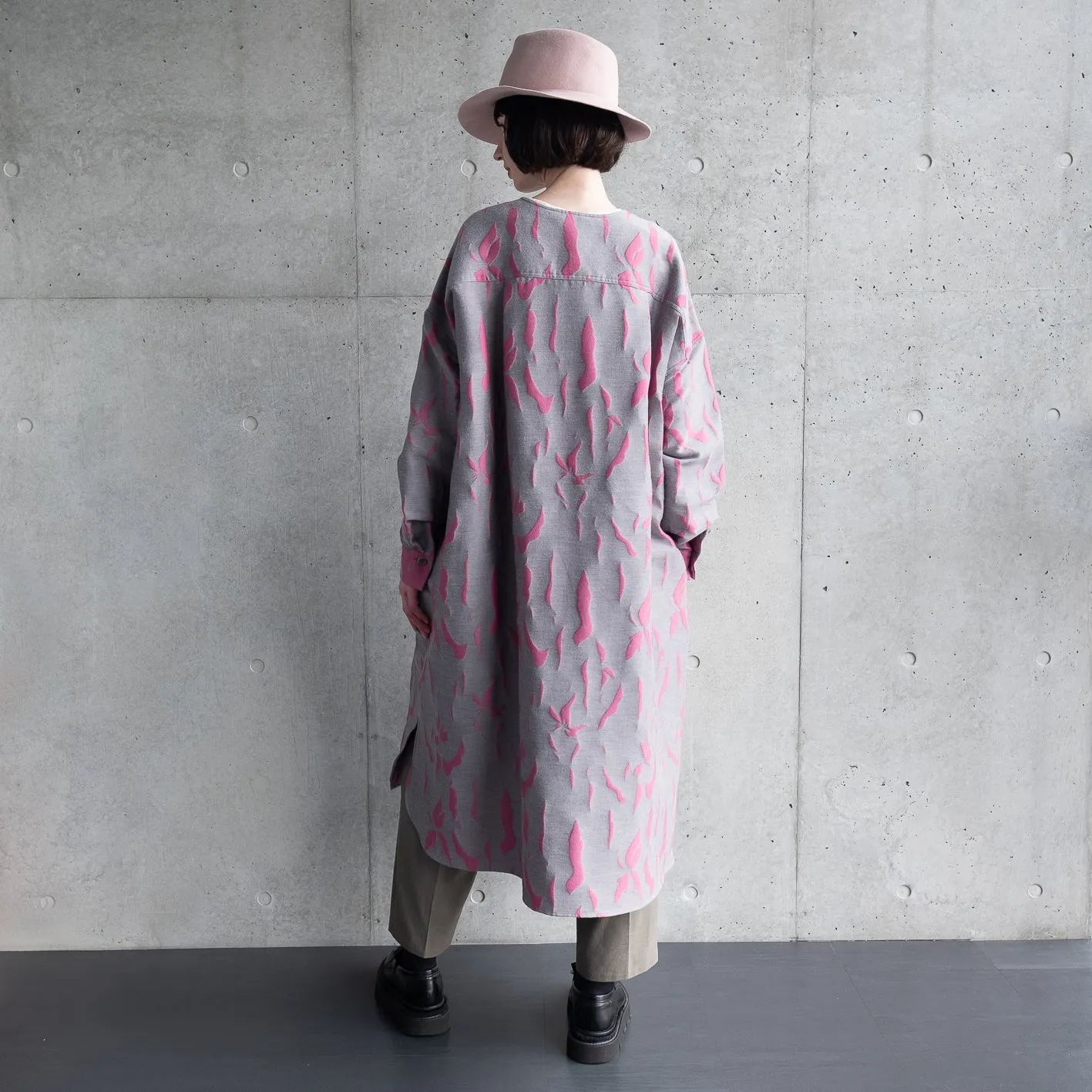 播州織 Wool/Cotton Jacquard Coat Dress / Pink&Grey