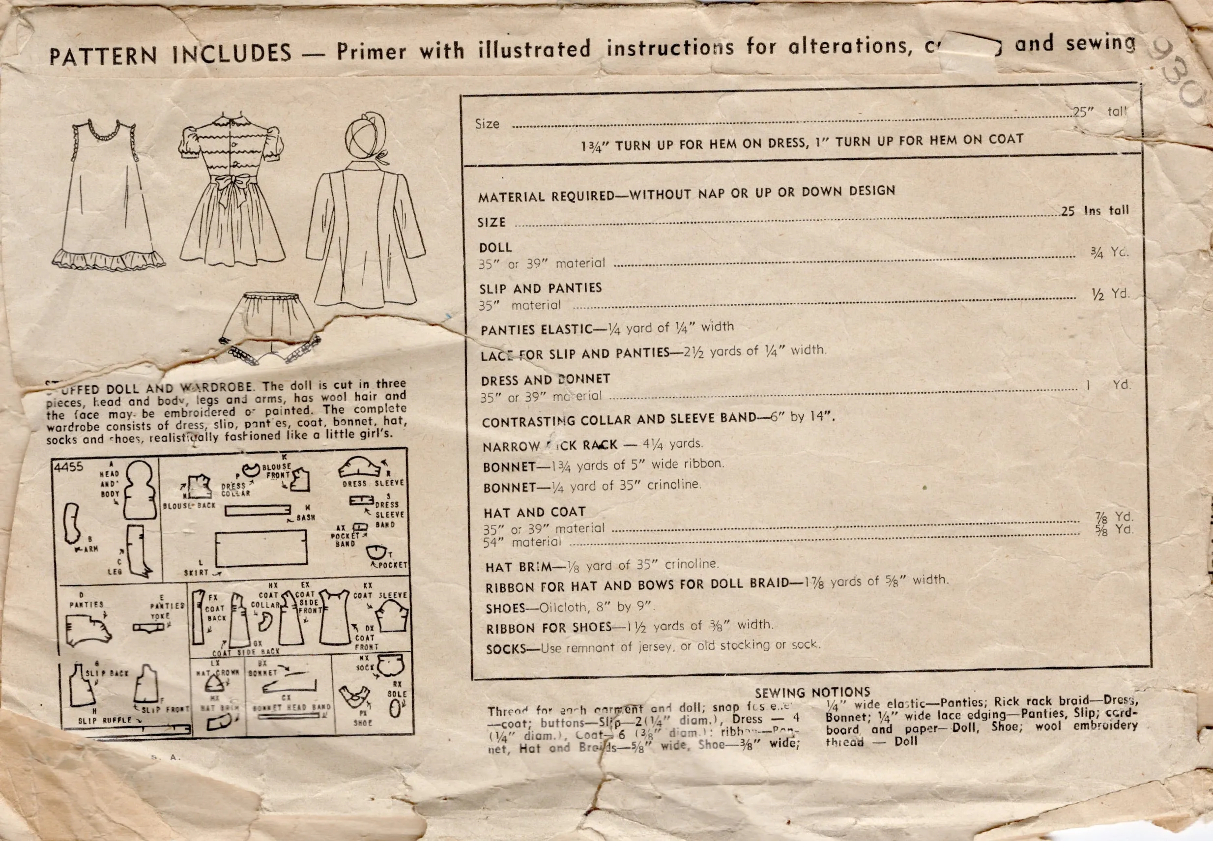 1940's Simplicity Stuffed Doll and Wardrobe Pattern - 25" doll - No. 4455