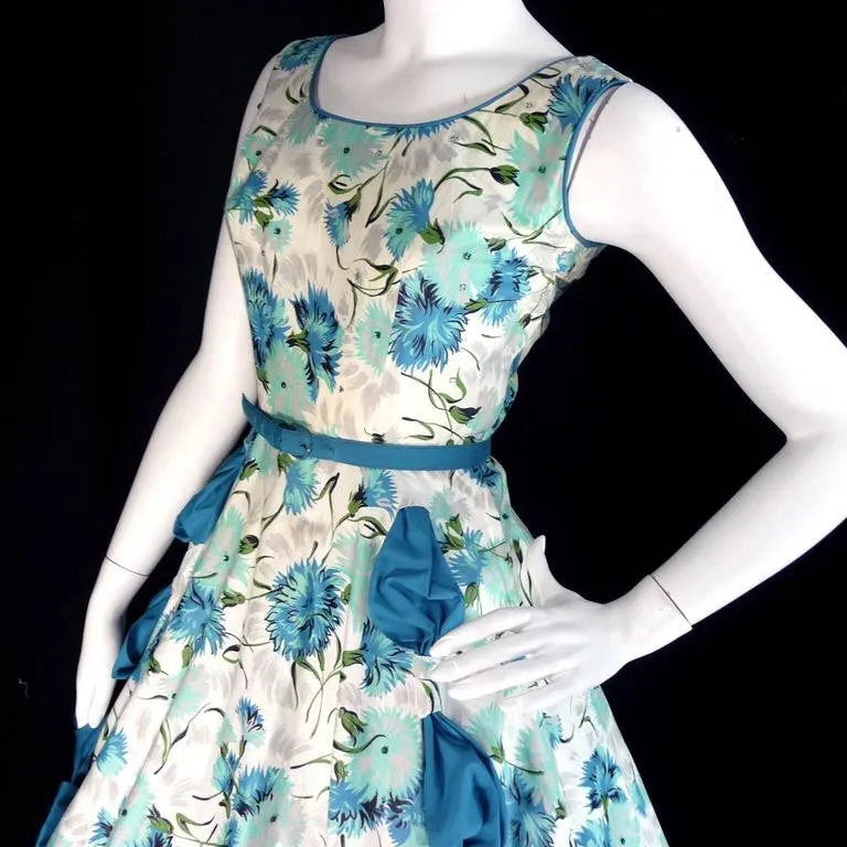 1950s Blue Floral Dress with a Full Skirt Rhinestones Bows Size 6/8