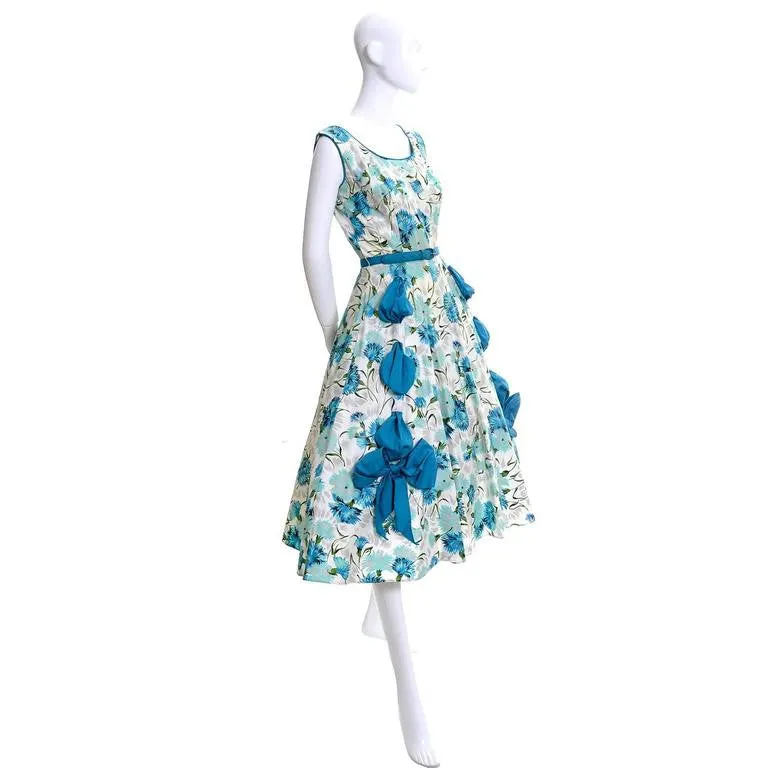 1950s Blue Floral Dress with a Full Skirt Rhinestones Bows Size 6/8