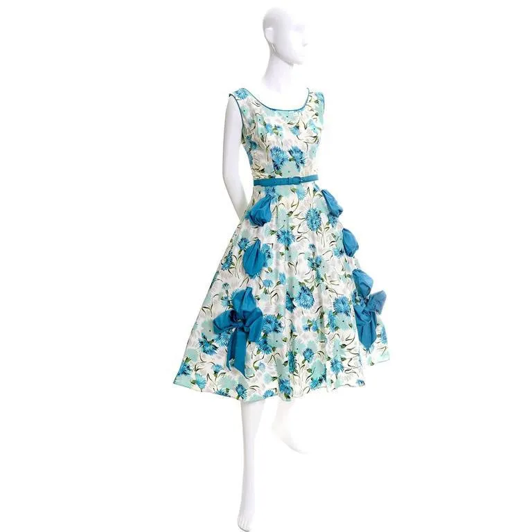 1950s Blue Floral Dress with a Full Skirt Rhinestones Bows Size 6/8