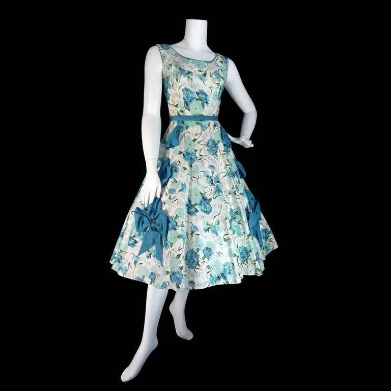 1950s Blue Floral Dress with a Full Skirt Rhinestones Bows Size 6/8