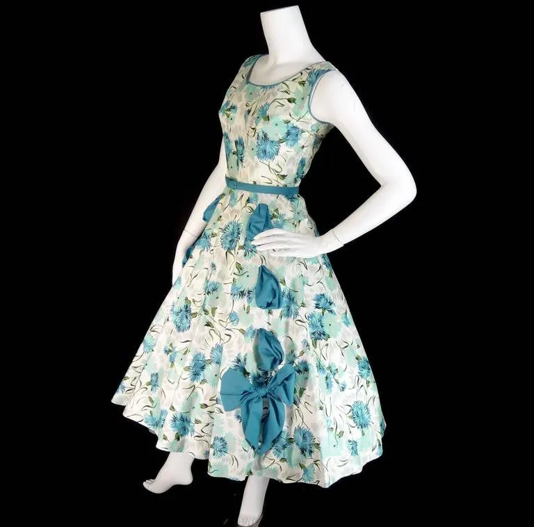 1950s Blue Floral Dress with a Full Skirt Rhinestones Bows Size 6/8