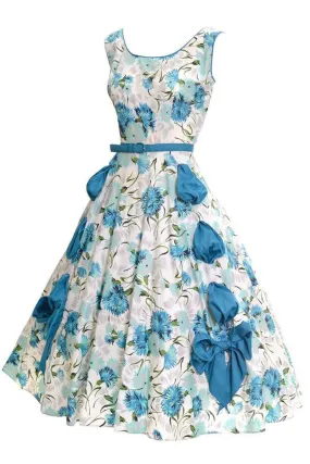 1950s Blue Floral Dress with a Full Skirt Rhinestones Bows Size 6/8