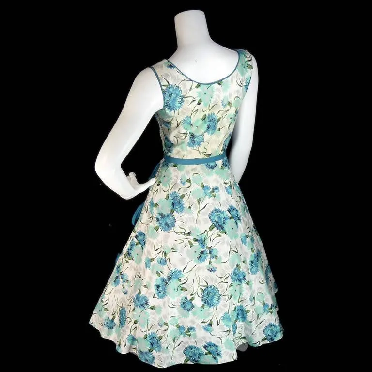 1950s Blue Floral Dress with a Full Skirt Rhinestones Bows Size 6/8