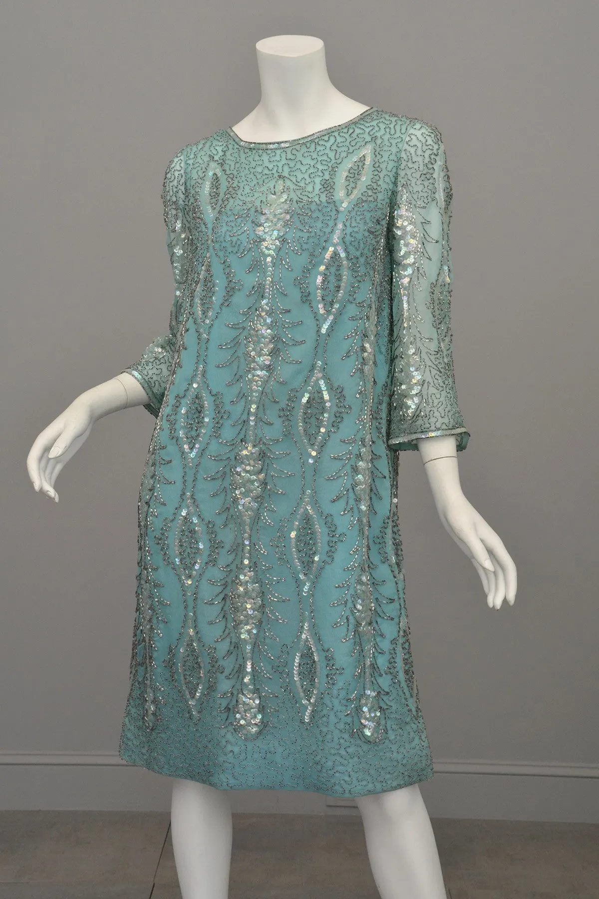 1960s Aqua Beaded Sequins MOD Party Dress