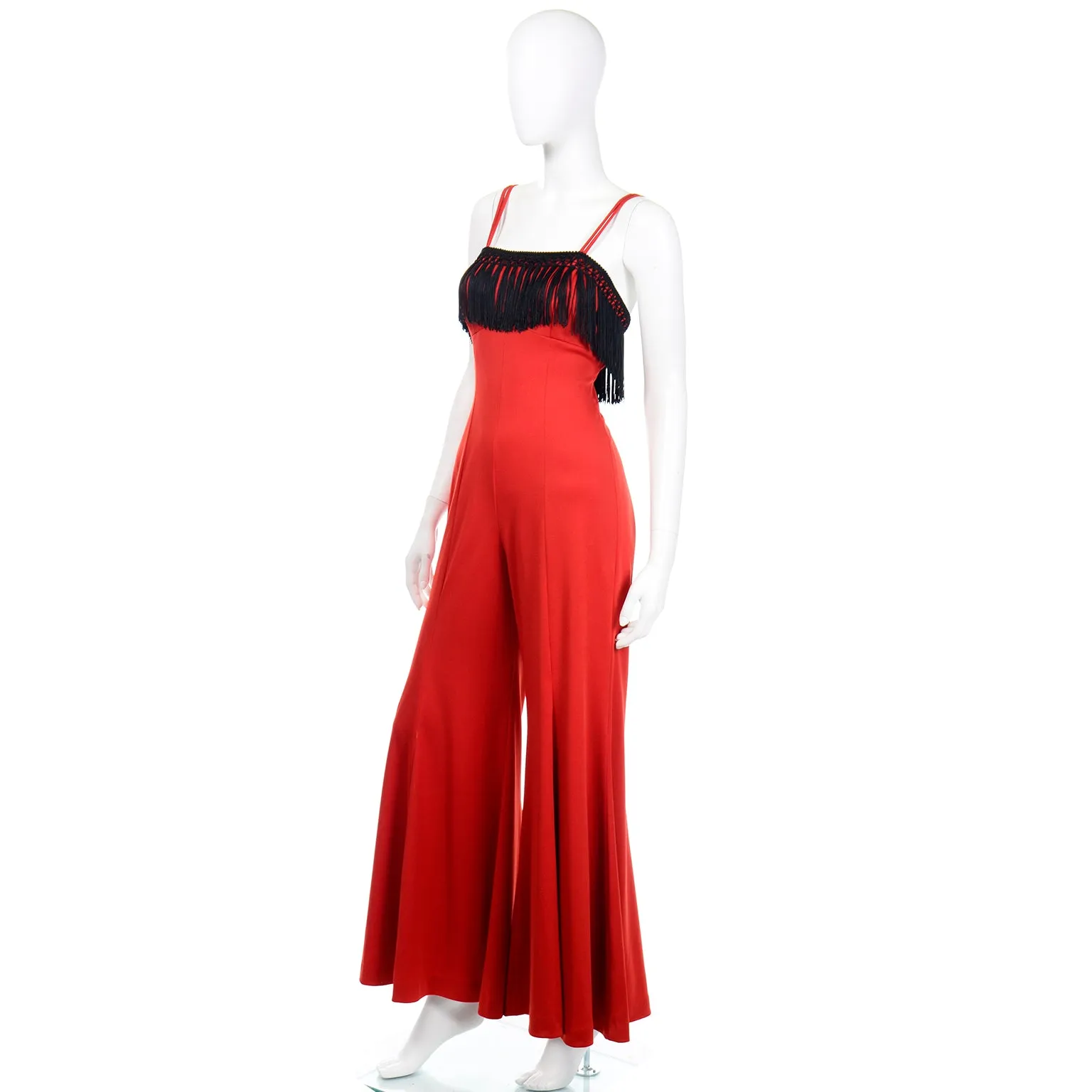 1970s Fredericks of Hollywood Red Jersey Jumpsuit with Black Fringe