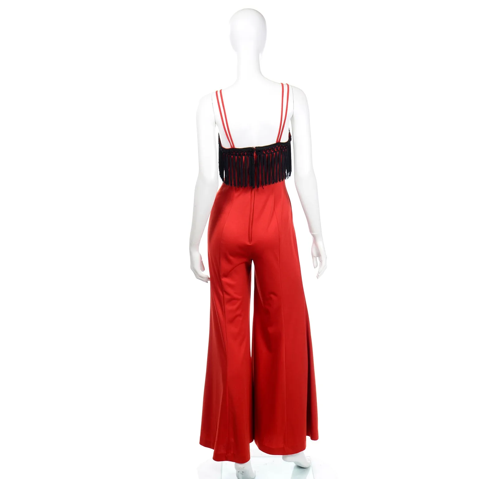 1970s Fredericks of Hollywood Red Jersey Jumpsuit with Black Fringe