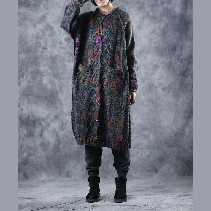 2018 New Vintage Loose Print Thicken Long Sweater Coat For Women