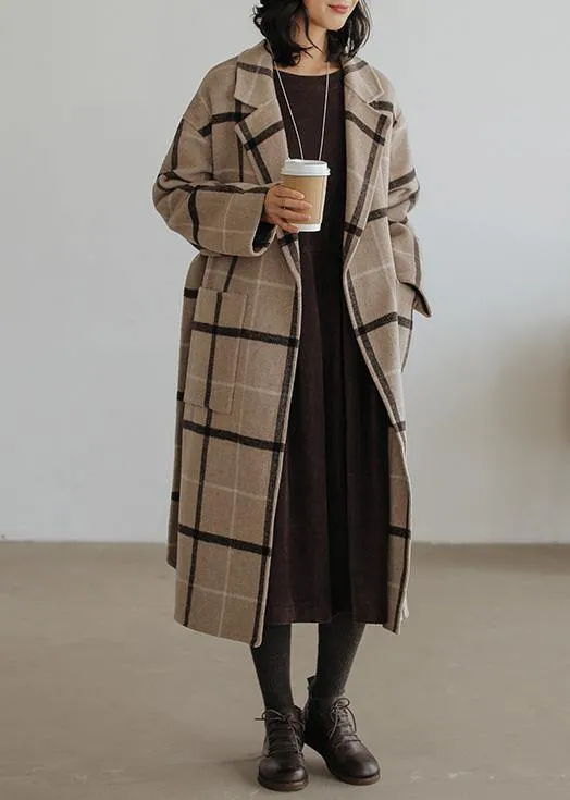 2019 plaid wool coat plus size Notched pockets long woolen outwear