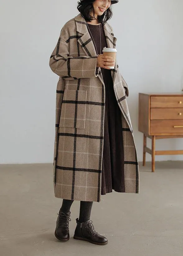 2019 plaid wool coat plus size Notched pockets long woolen outwear