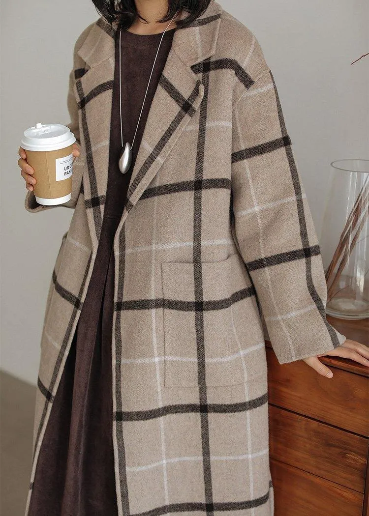 2019 plaid wool coat plus size Notched pockets long woolen outwear