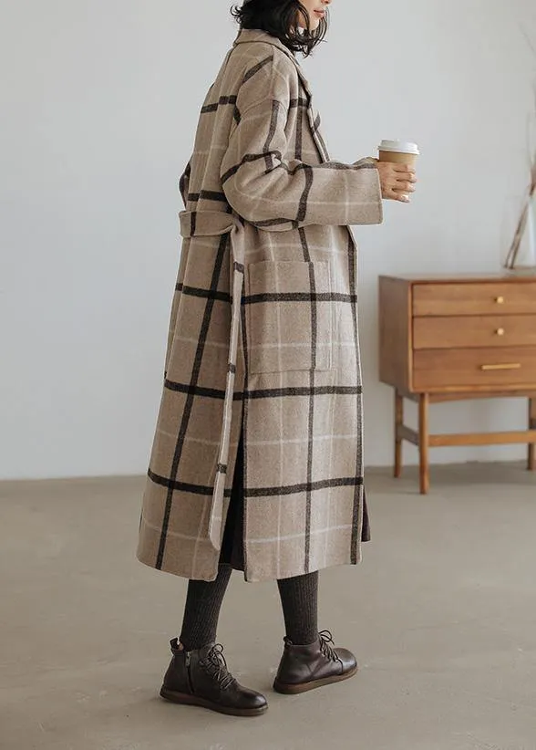 2019 plaid wool coat plus size Notched pockets long woolen outwear