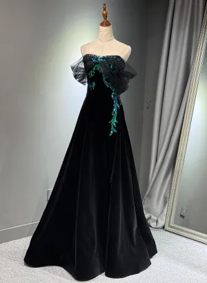 A-line Black Velvet and Tulle Off Shoulder Party Dress, Black Long Prom Dress