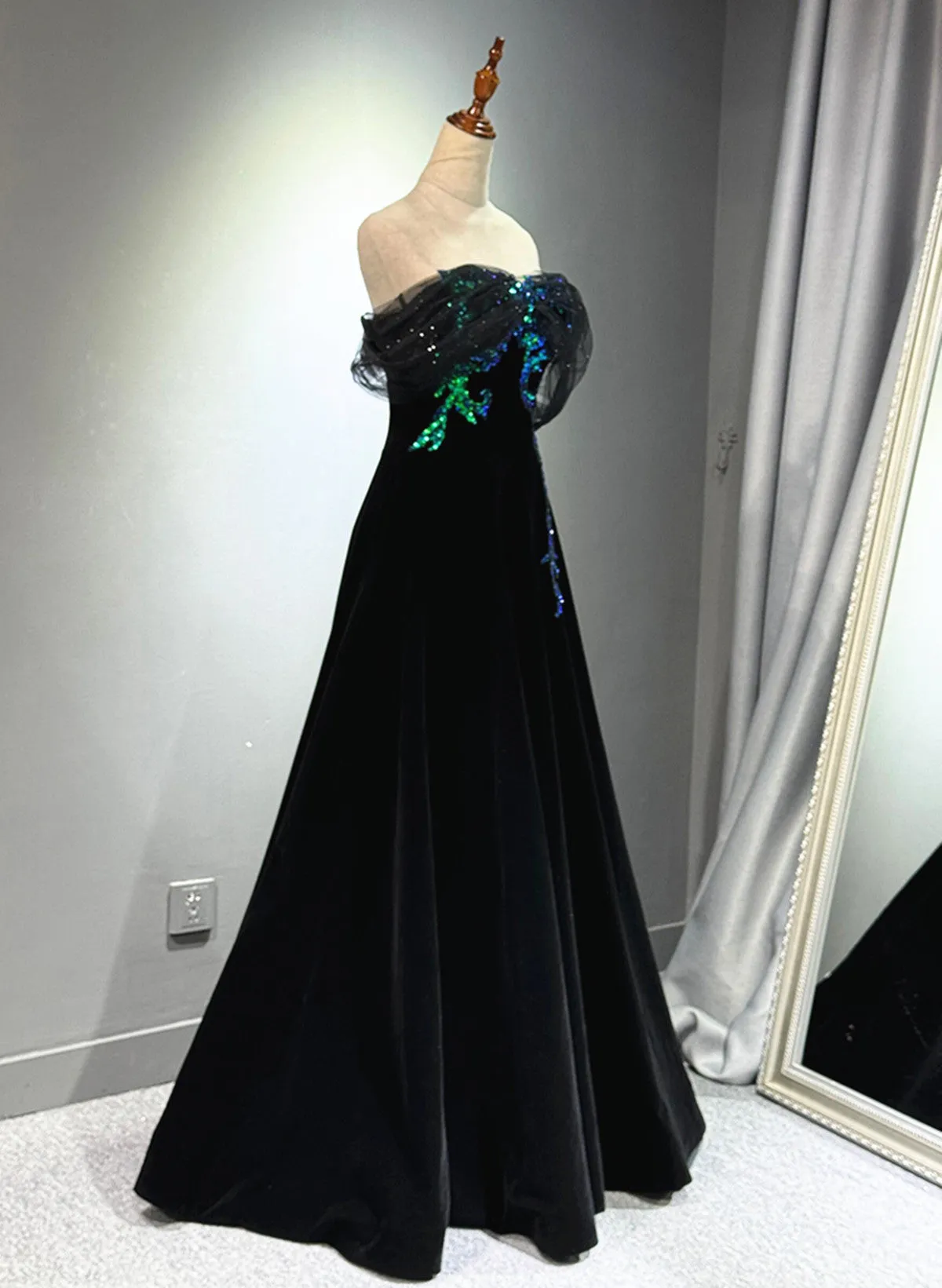 A-line Black Velvet and Tulle Off Shoulder Party Dress, Black Long Prom Dress