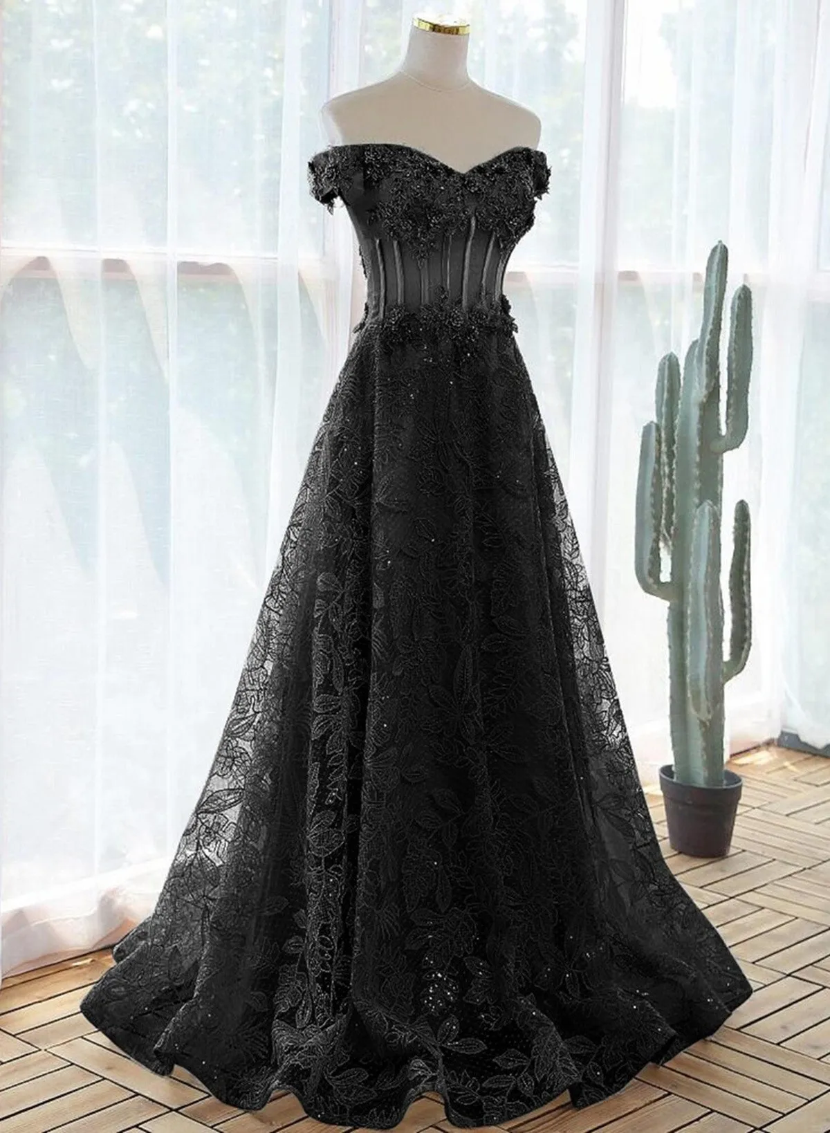 A-line Off Shoulder Black Tulle with Lace Party Dress, Black Long Prom Dress