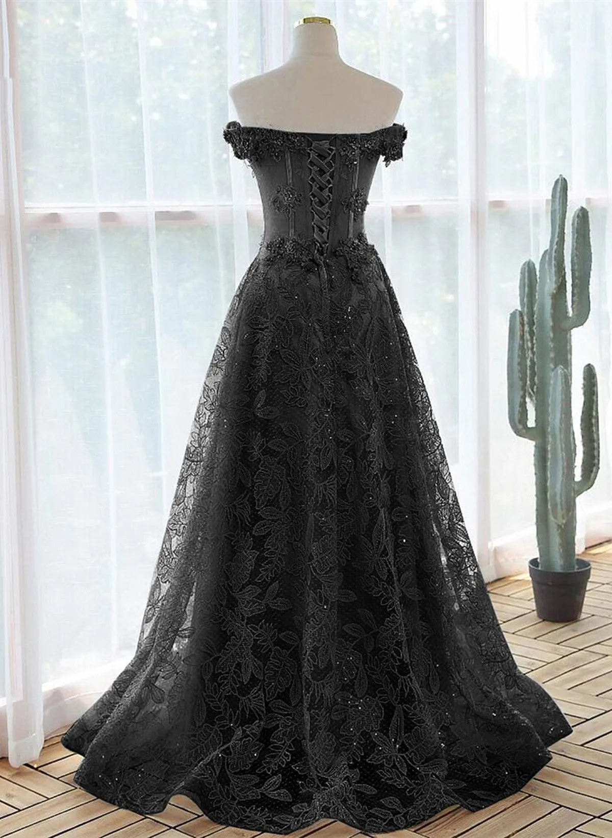 A-line Off Shoulder Black Tulle with Lace Party Dress, Black Long Prom Dress