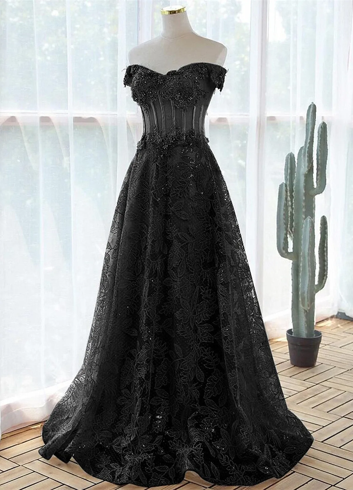 A-line Off Shoulder Black Tulle with Lace Party Dress, Black Long Prom Dress