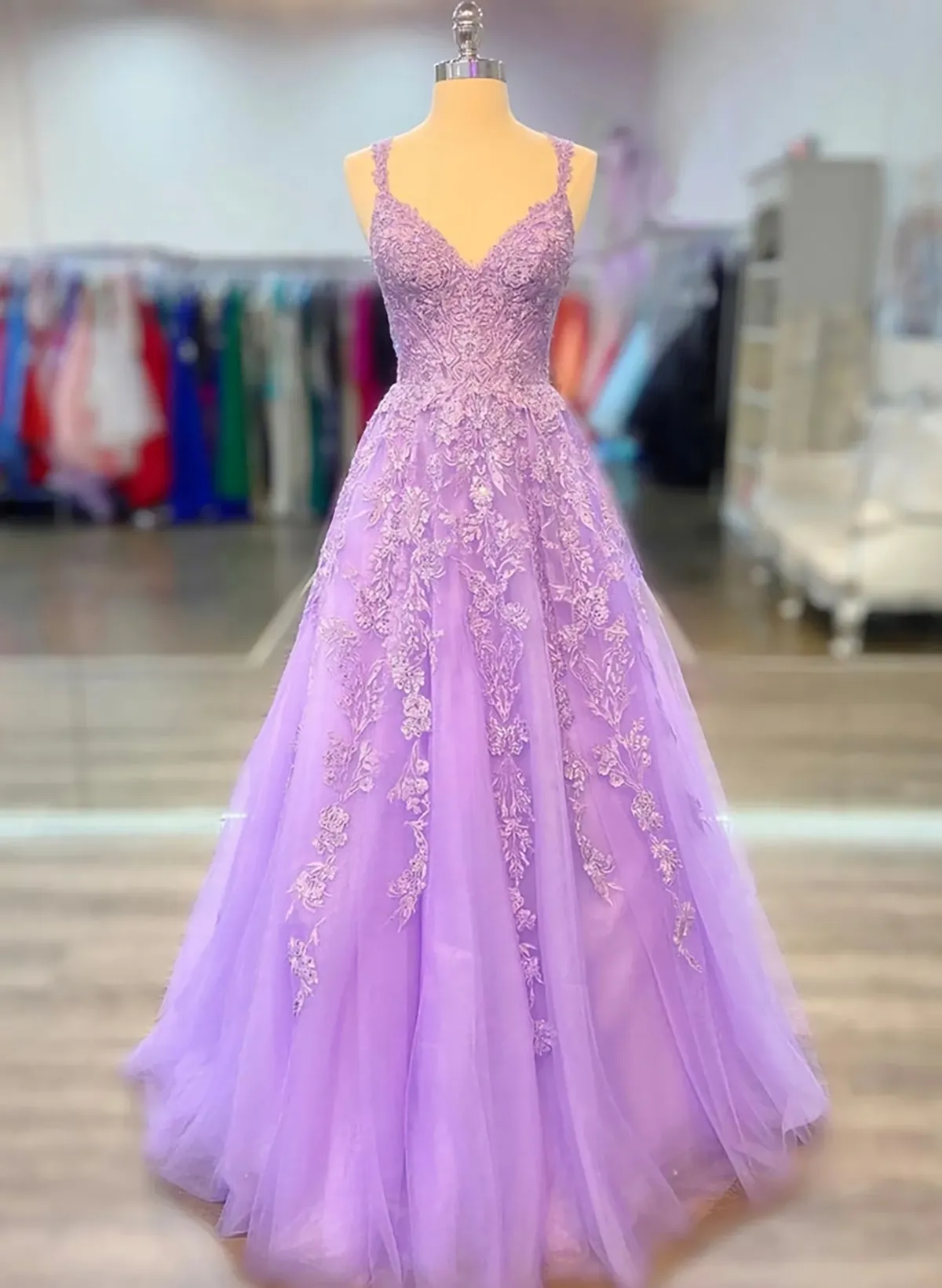 A-line Tulle Princess Light Purple Prom Dress with Appliques, Tulle Straps Formal Dress