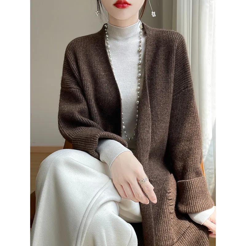 Aiertu black sweater dress outfit Korean Style Loose Lazy Style Pure Wool Cardigan Women's V-neck Mid-Length Thickened Coat with Pocket Cashmere Coat