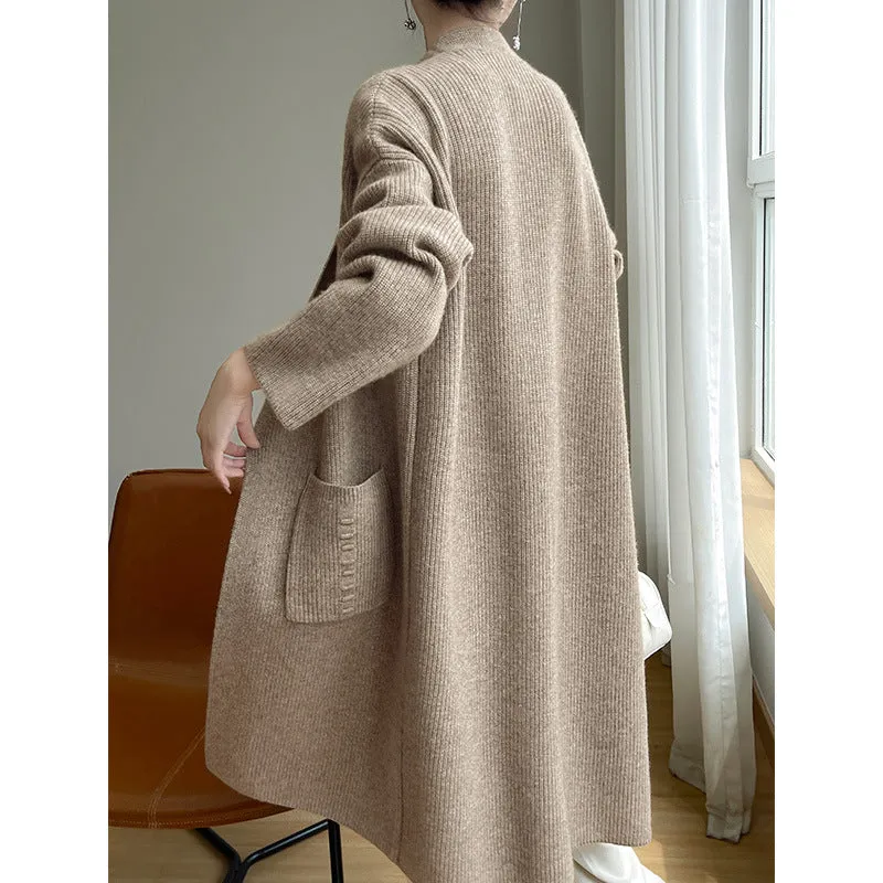 Aiertu black sweater dress outfit Korean Style Loose Lazy Style Pure Wool Cardigan Women's V-neck Mid-Length Thickened Coat with Pocket Cashmere Coat