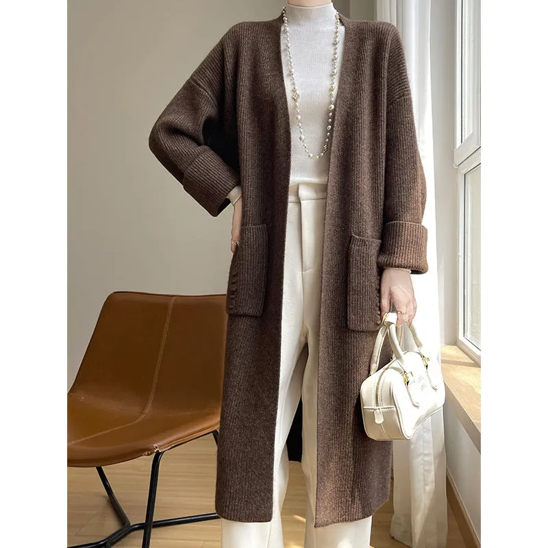 Aiertu black sweater dress outfit Korean Style Loose Lazy Style Pure Wool Cardigan Women's V-neck Mid-Length Thickened Coat with Pocket Cashmere Coat