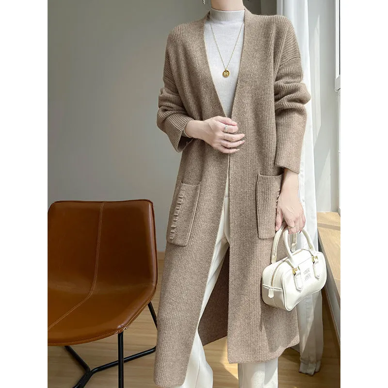 Aiertu black sweater dress outfit Korean Style Loose Lazy Style Pure Wool Cardigan Women's V-neck Mid-Length Thickened Coat with Pocket Cashmere Coat