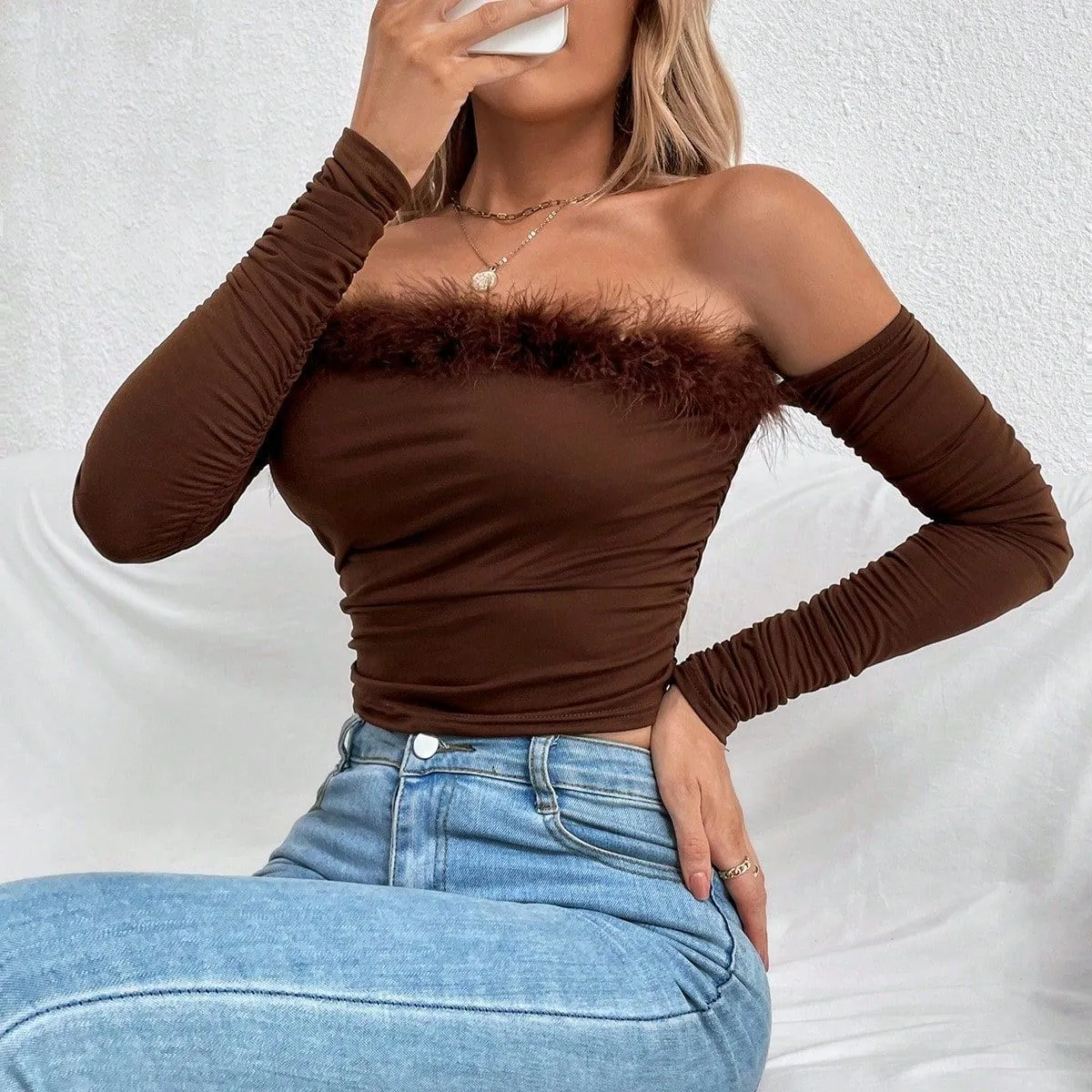 Aiertu leapord halloween outfit Women's Summer Retro Fur Collar Tube Top Long-Sleeved Top off-the-Neck Backless off-Shoulder Top