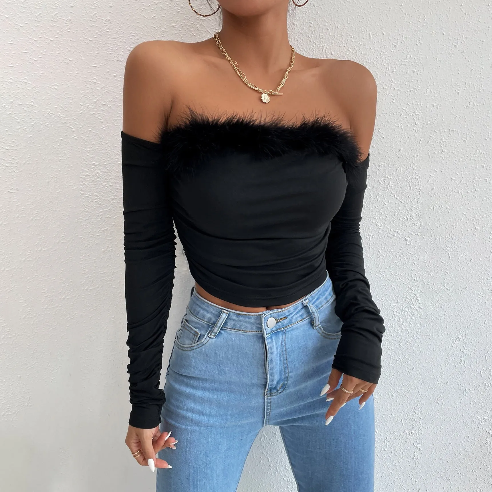 Aiertu leapord halloween outfit Women's Summer Retro Fur Collar Tube Top Long-Sleeved Top off-the-Neck Backless off-Shoulder Top