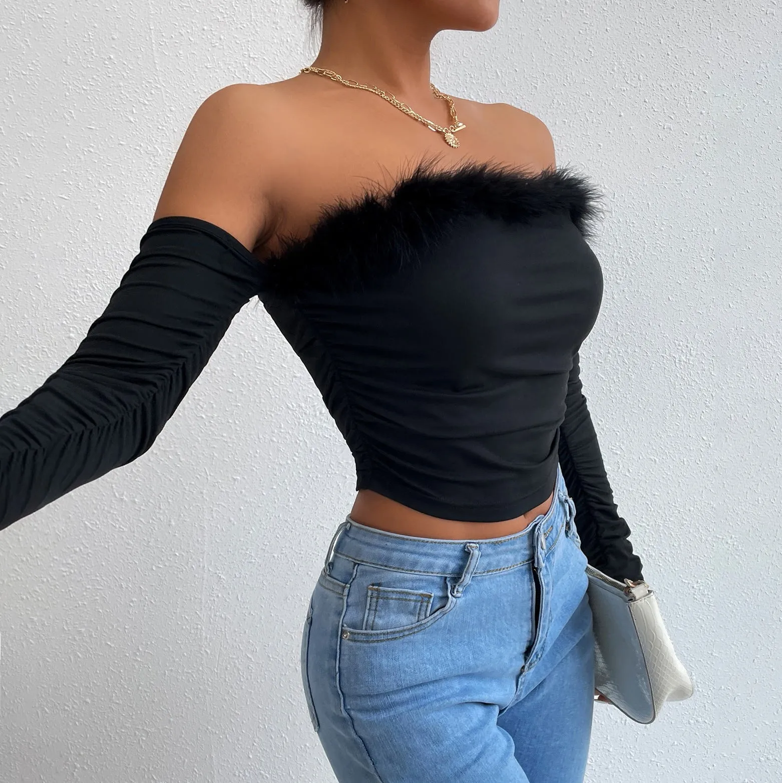 Aiertu leapord halloween outfit Women's Summer Retro Fur Collar Tube Top Long-Sleeved Top off-the-Neck Backless off-Shoulder Top