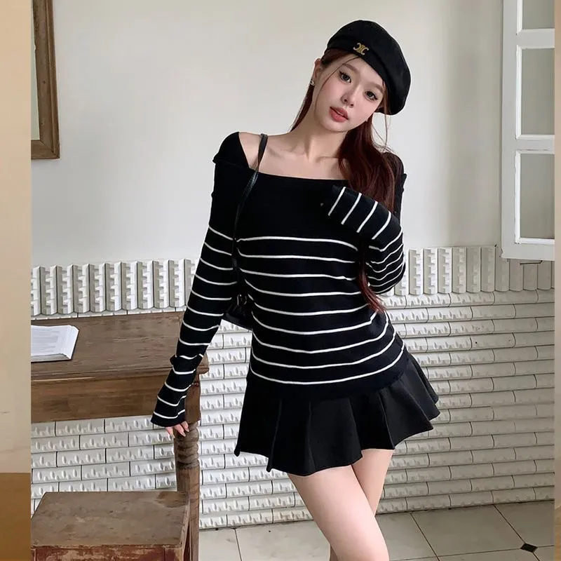 Aiertu long sweater dress outfit Striped Temperament off-Shoulder Sweater Women's Autumn Slim Slimming Gentle Bottoming Sweater Top