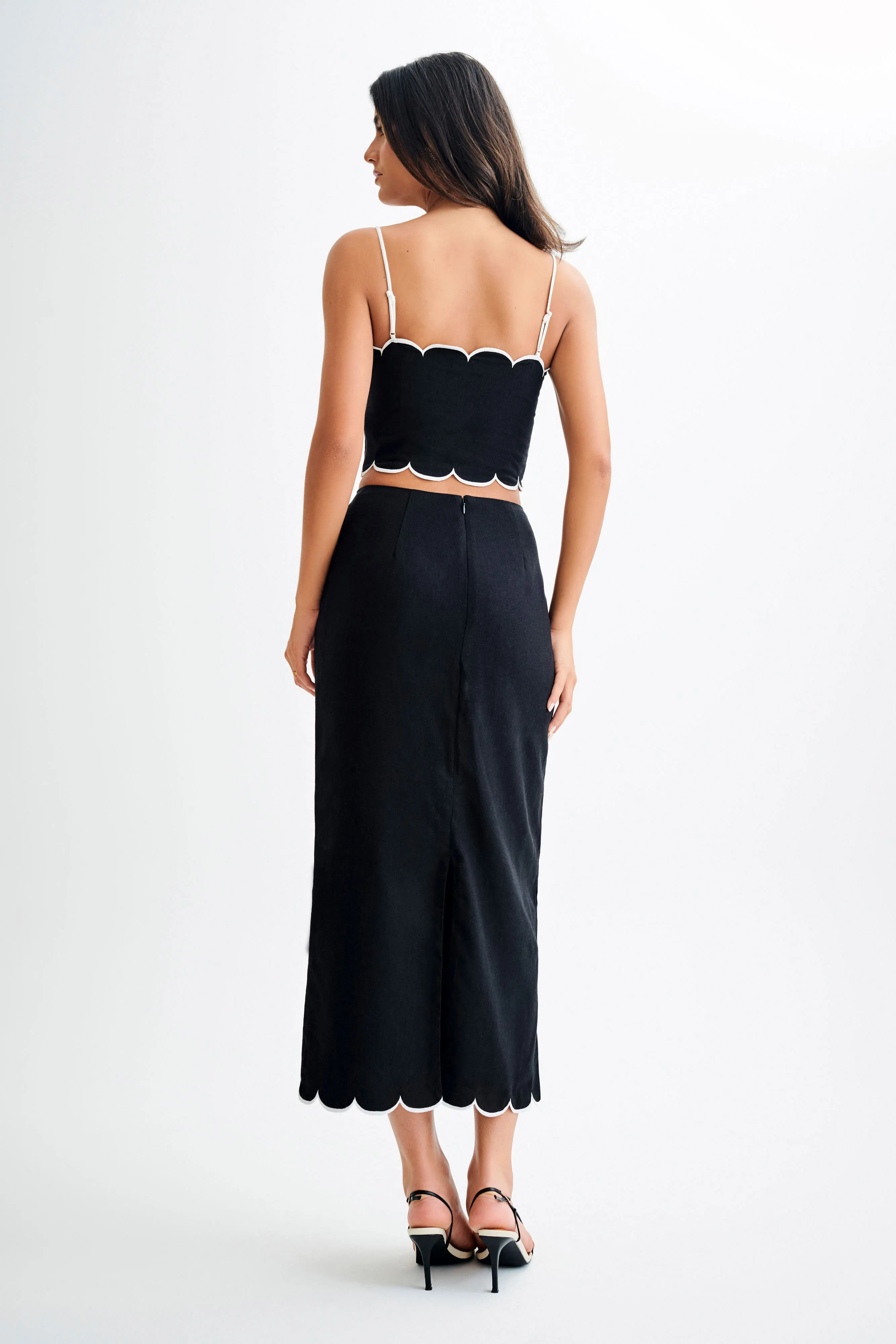 Alessio Scalloped Midi Skirt - Black