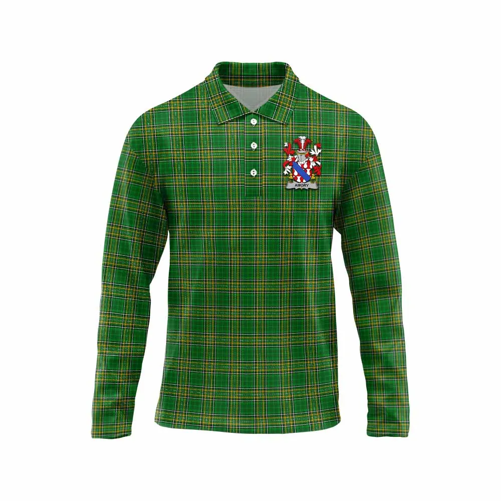 Amory Irish Clan Tartan Long Sleeve Polo Shirt with Coat of Arms