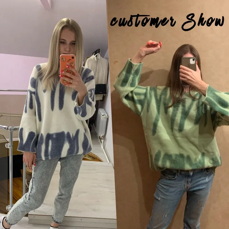 Aproms Elegant Green Striped Oversized Pullover Sweater