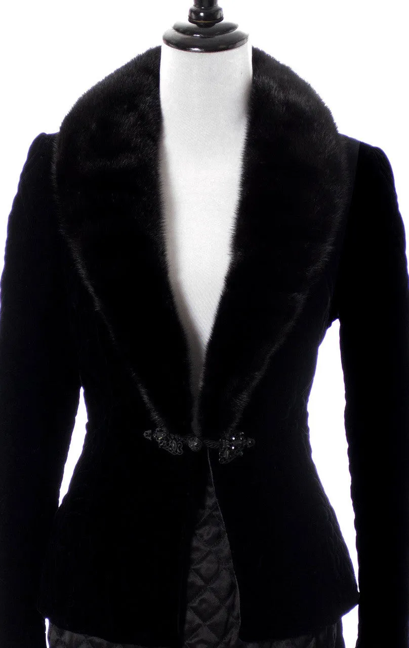 As New Valentino Designer Vintage Black Velvet Jacket With Fur Collar And Silk Skirt SOLD