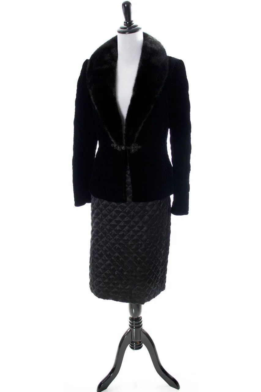 As New Valentino Designer Vintage Black Velvet Jacket With Fur Collar And Silk Skirt SOLD