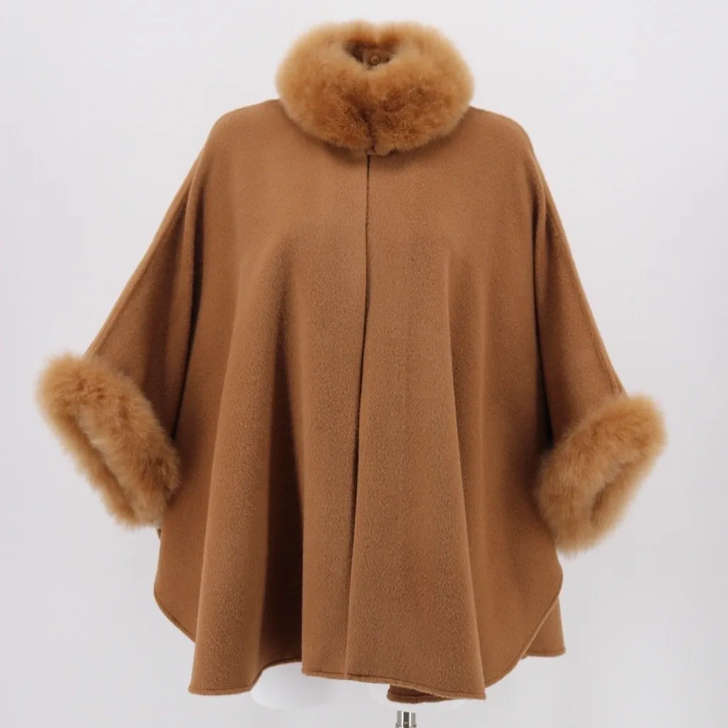 Baby Alpaca Cape with Fur Trim - Camel