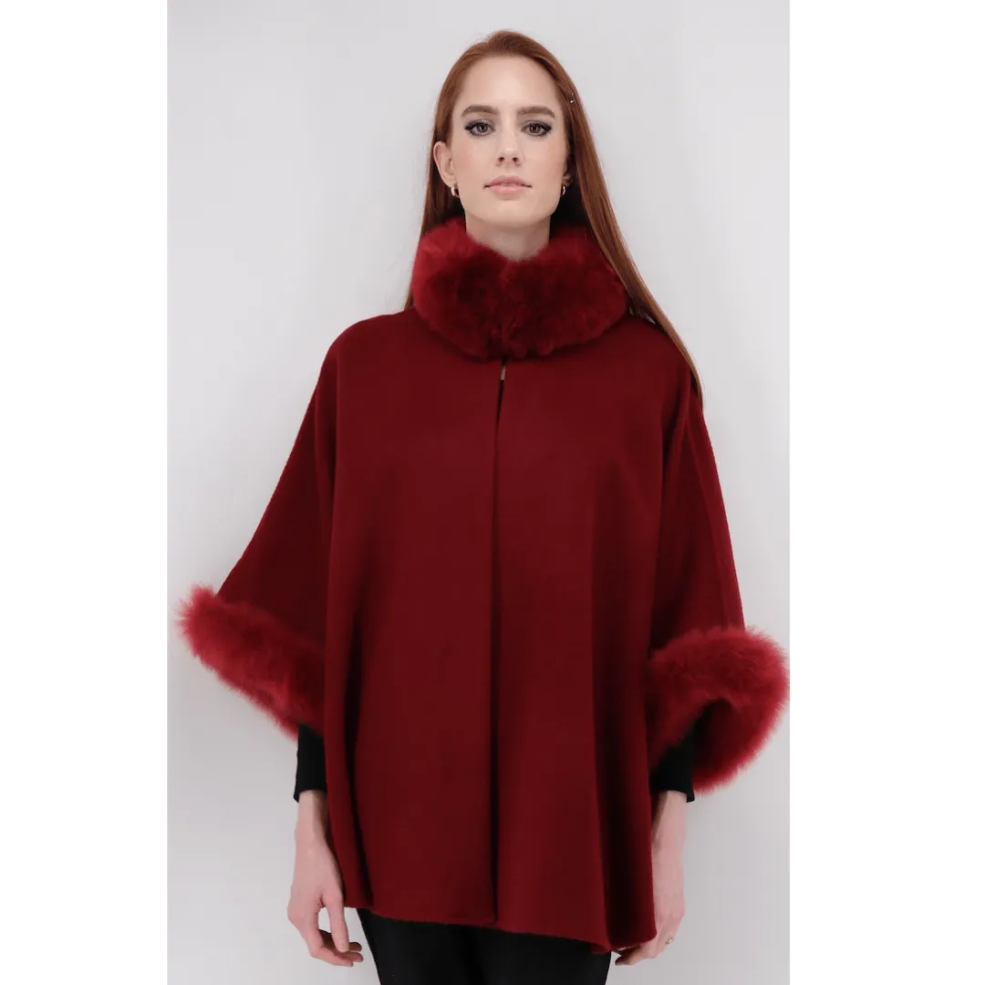 Baby Alpaca Cape with Fur Trim - Crimson / Long