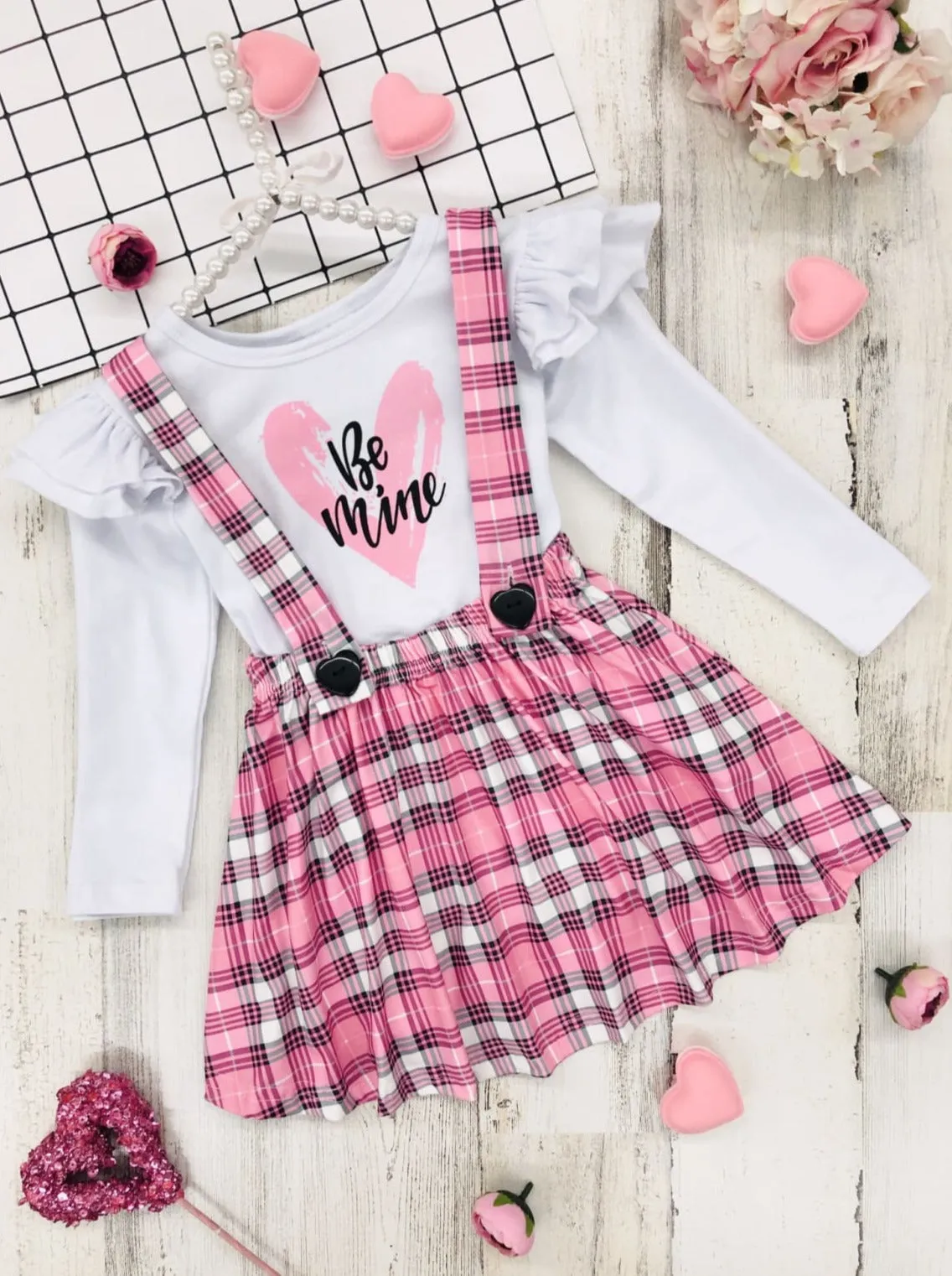 Be Mine Plaid Suspender Skirt Set