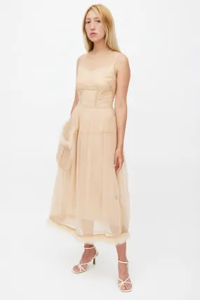 Beige Tulle & Feather Sheer Dress