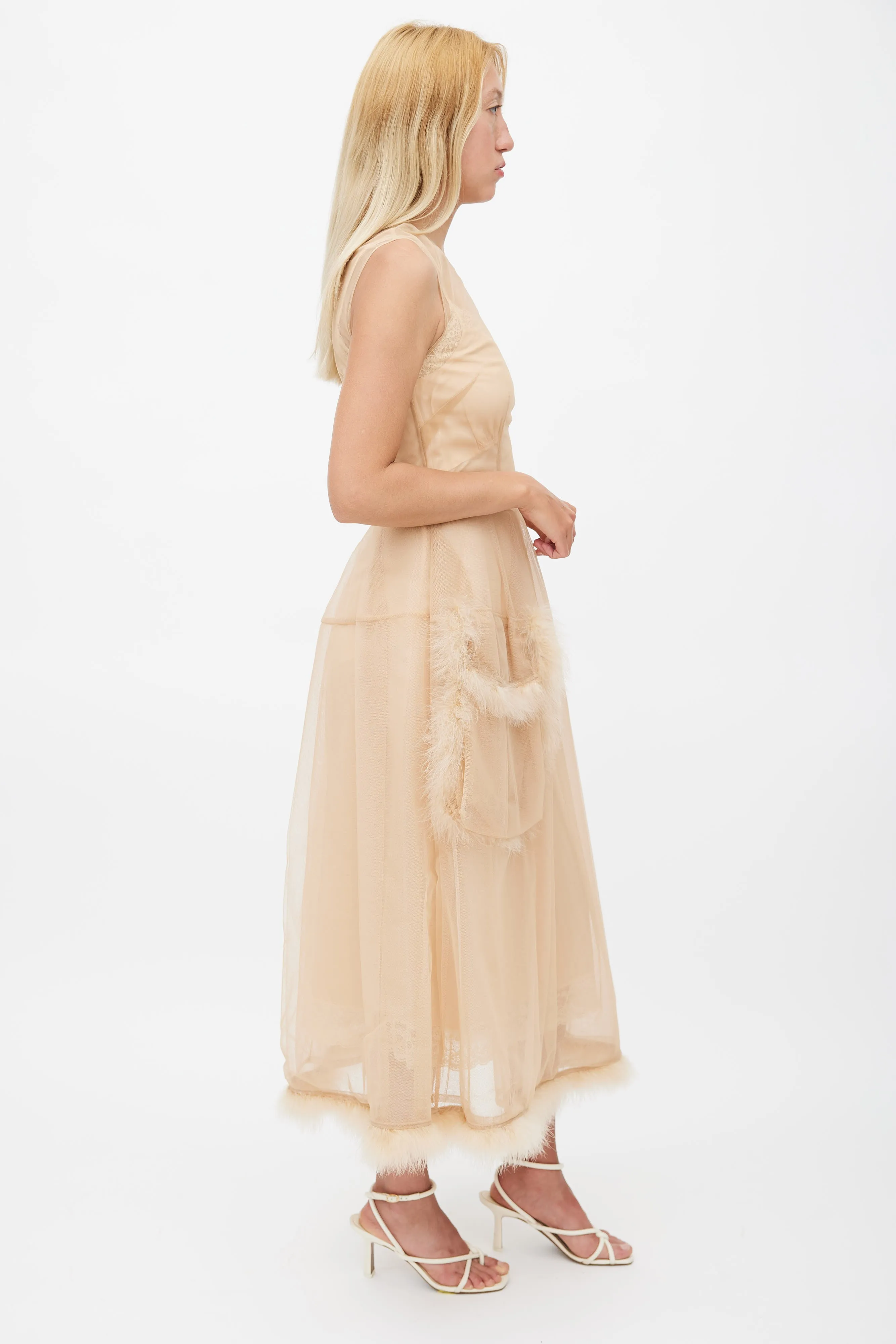 Beige Tulle & Feather Sheer Dress