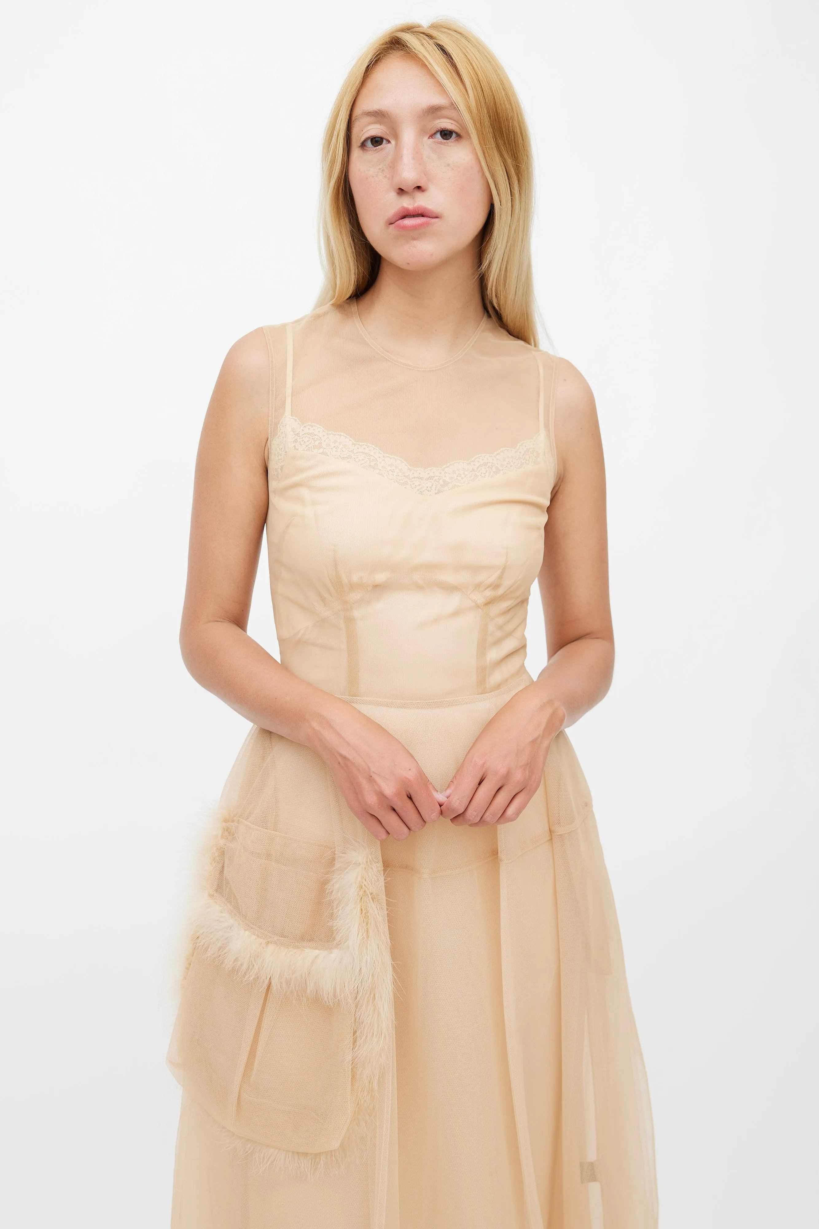 Beige Tulle & Feather Sheer Dress