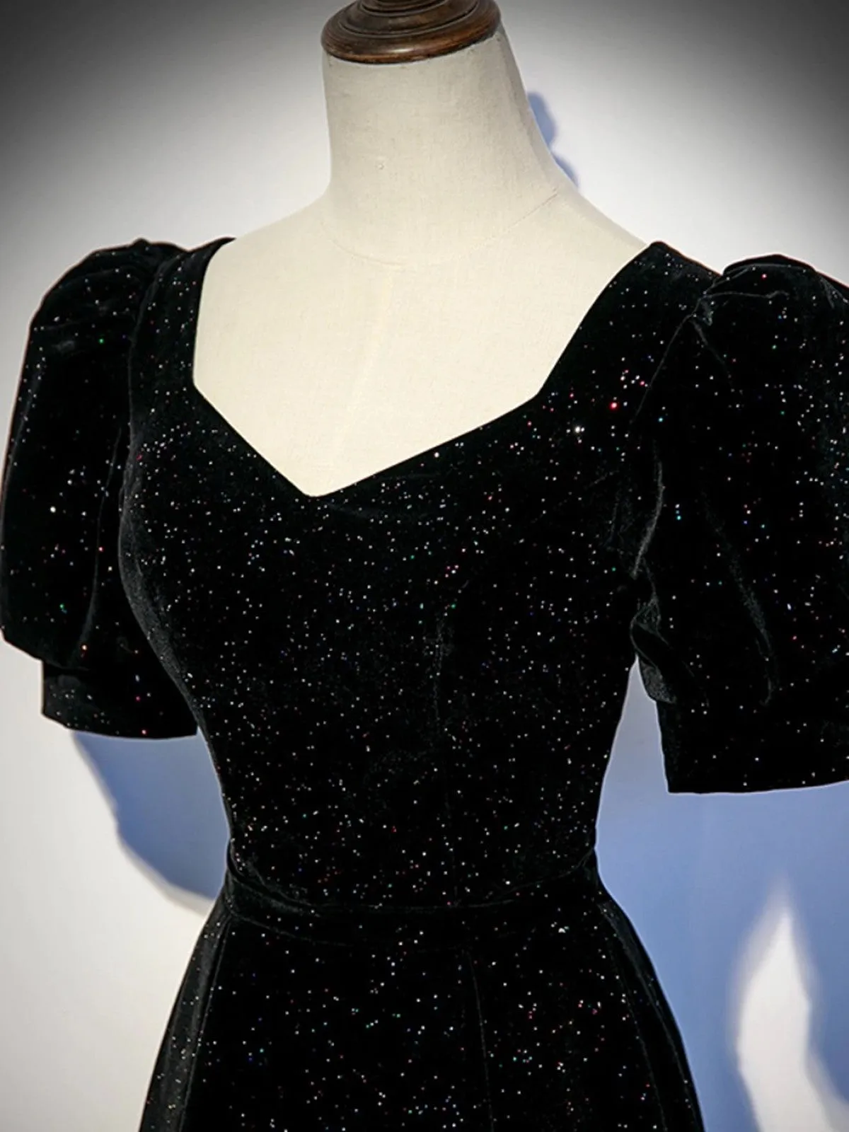 Black A-line Velvet Long Prom Dress Party Dress, Black Short Sleeves Prom Dress