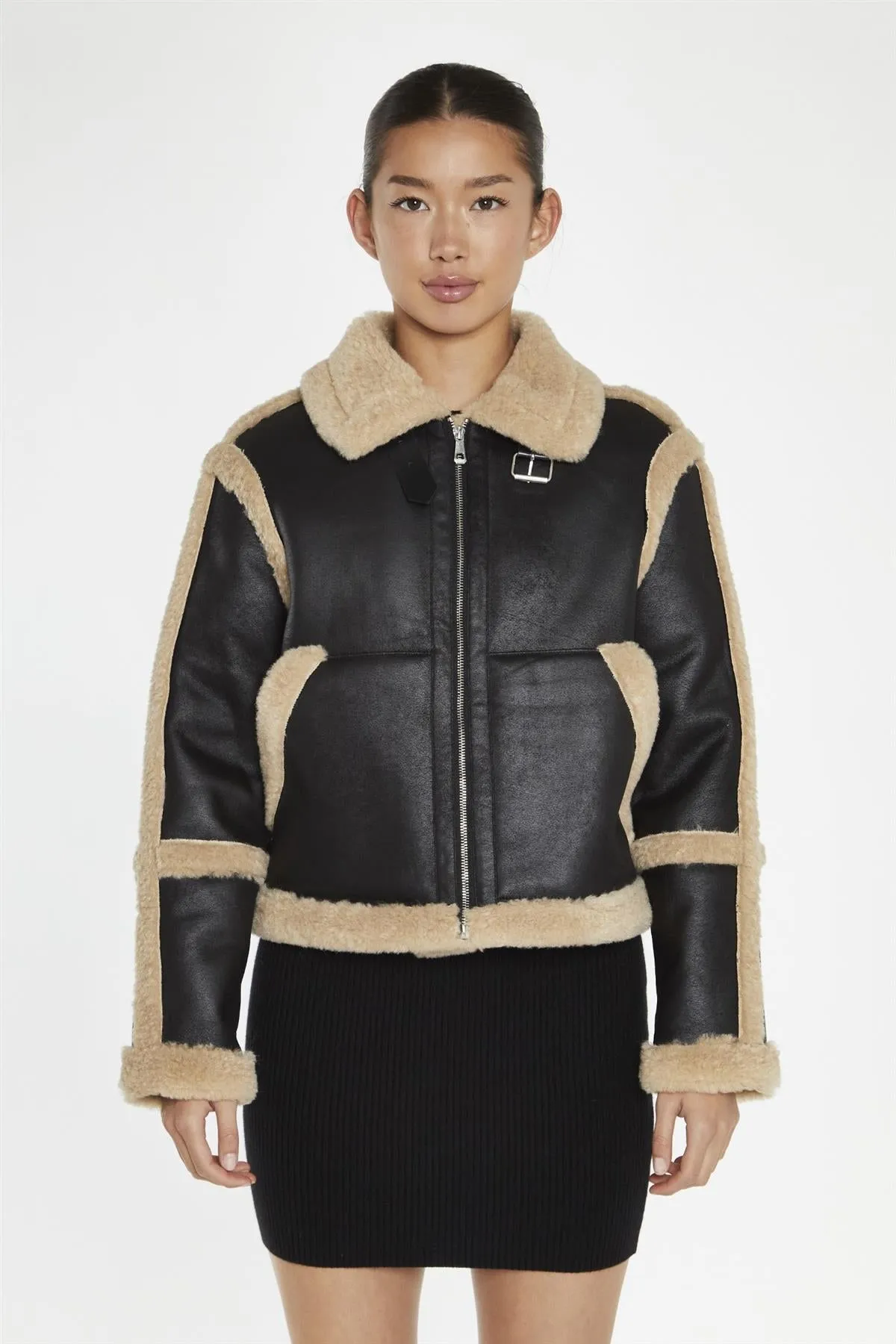 Black-Beige Faux-Fur Trim Jacket